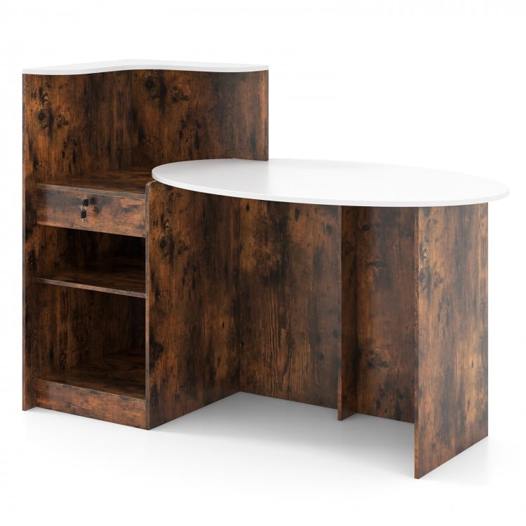 Modern reception desk in rustic brown with oval tabletop, corner shelf, and lockable drawer for versatile storage.