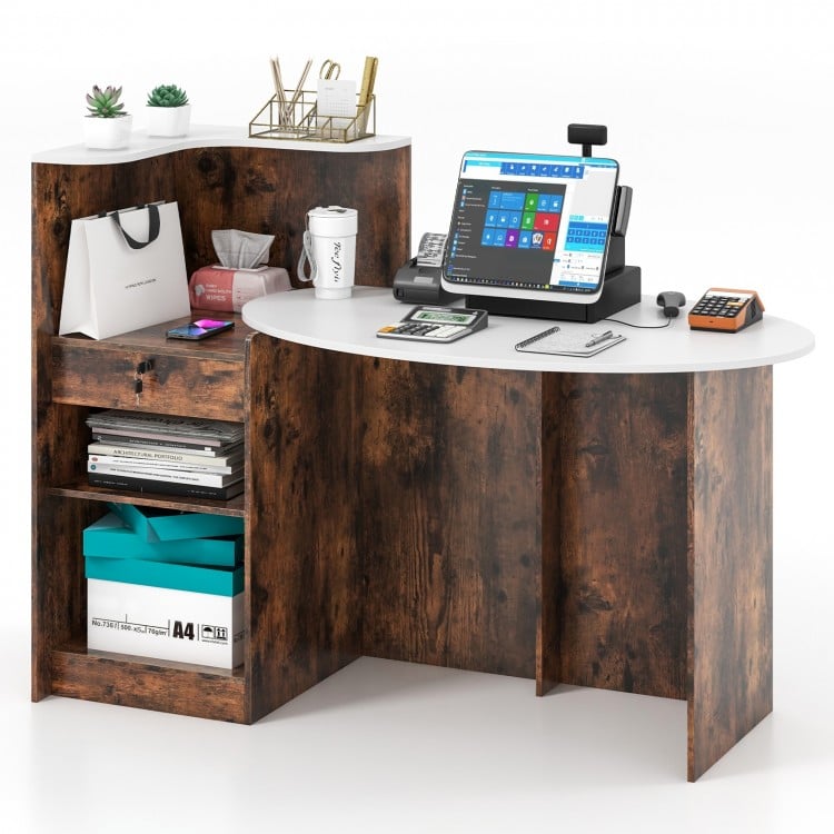 Rustic brown modern reception desk with spacious oval tabletop, lockable drawer, and corner shelf for organized storage.