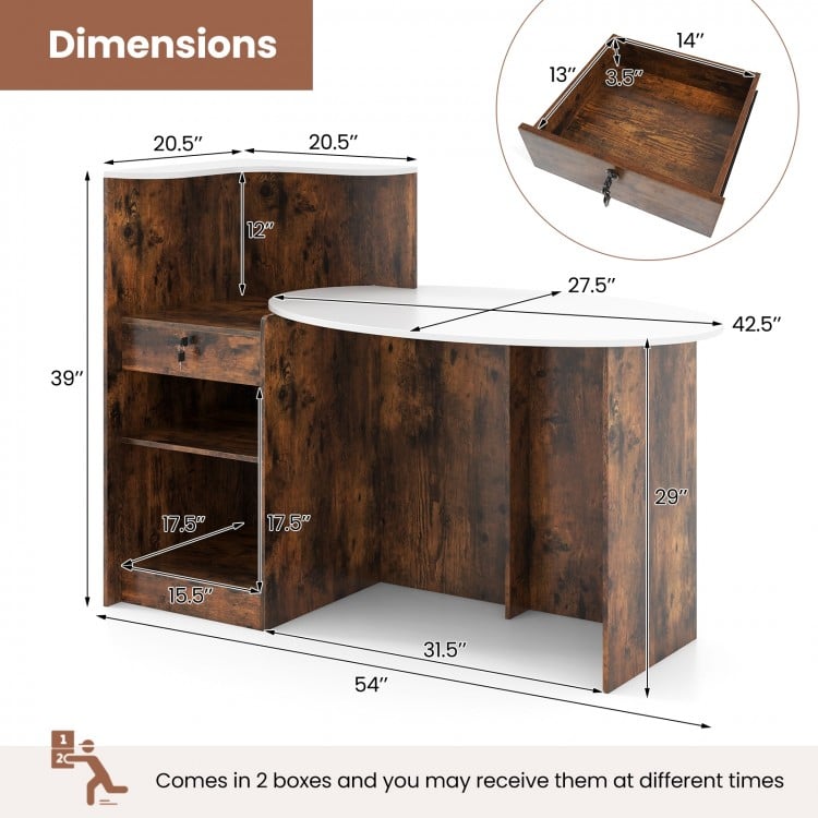 Modern reception desk with oval tabletop and rustic brown finish, featuring adjustable shelves and a lockable drawer.