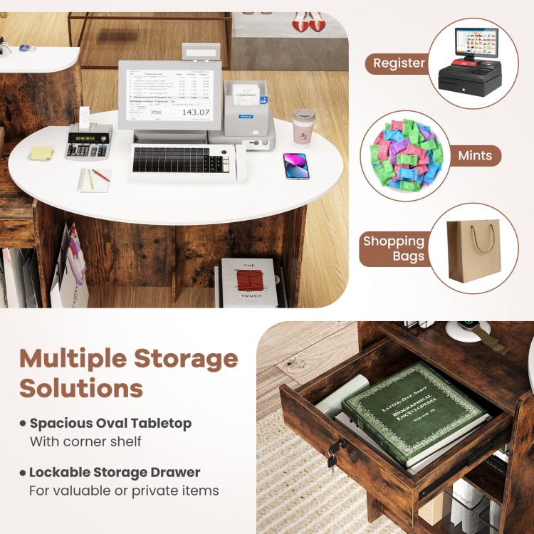 Modern reception desk with spacious oval tabletop, corner shelf, and lockable storage drawer for versatile use.
