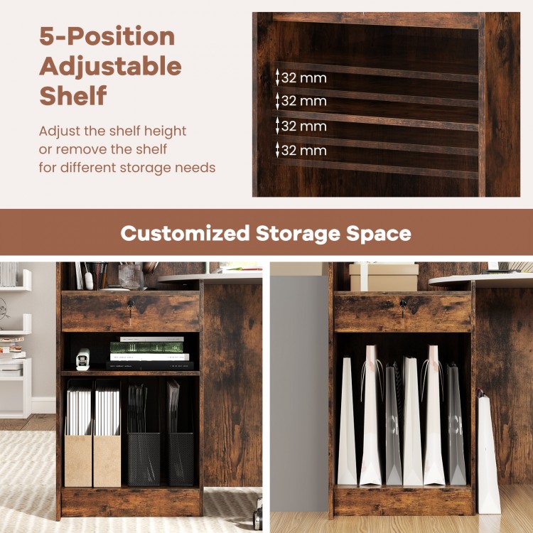 Adjustable shelf with three height options on the rustic brown reception desk for customized storage solutions.