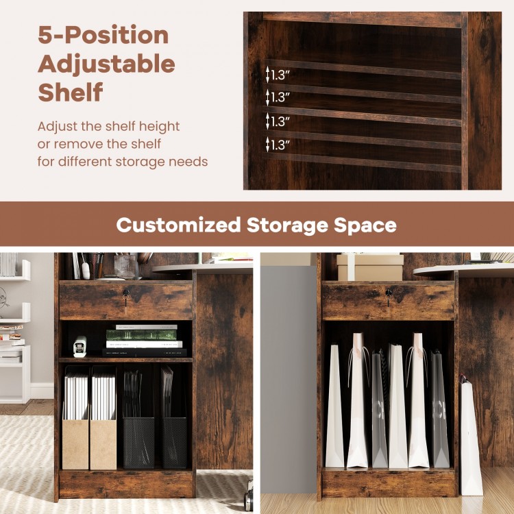 Adjustable shelf detail of the Modern Reception Desk in Rustic Brown, offering customized storage solutions for.