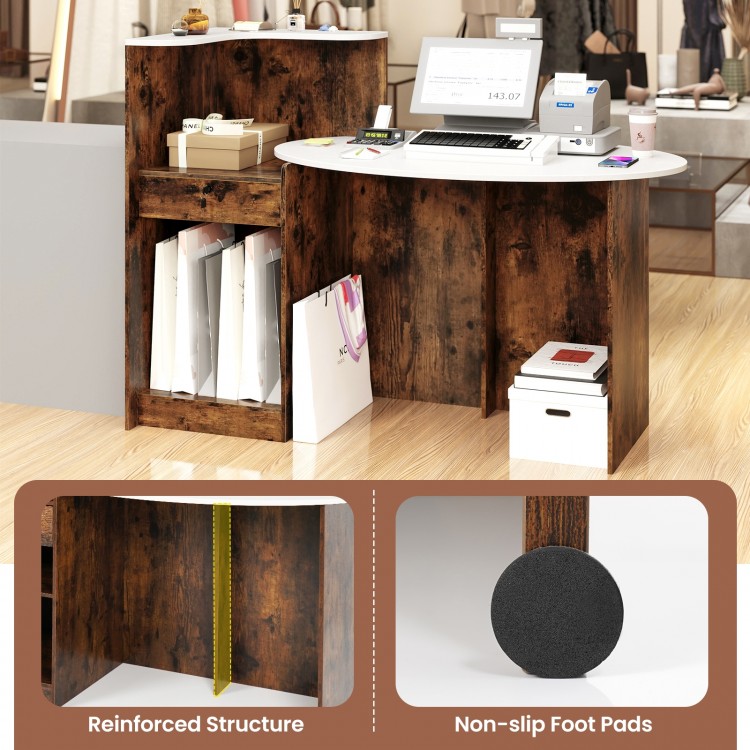Modern reception desk in rustic brown with oval tabletop, adjustable shelves, and lockable drawer for versatile storage.