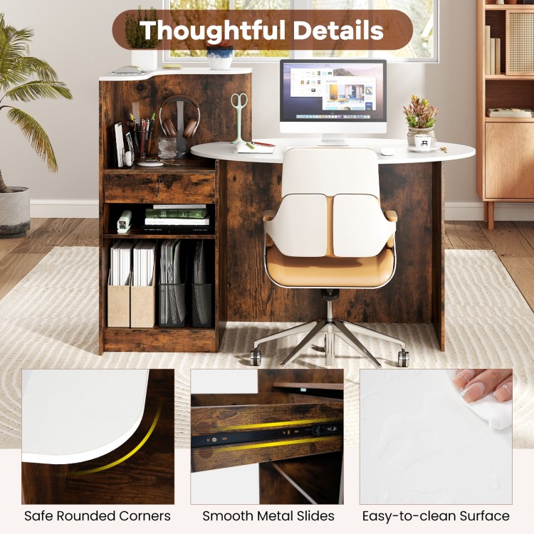 Modern reception desk with oval tabletop in rustic brown, featuring rounded corners and lockable drawer for secure.