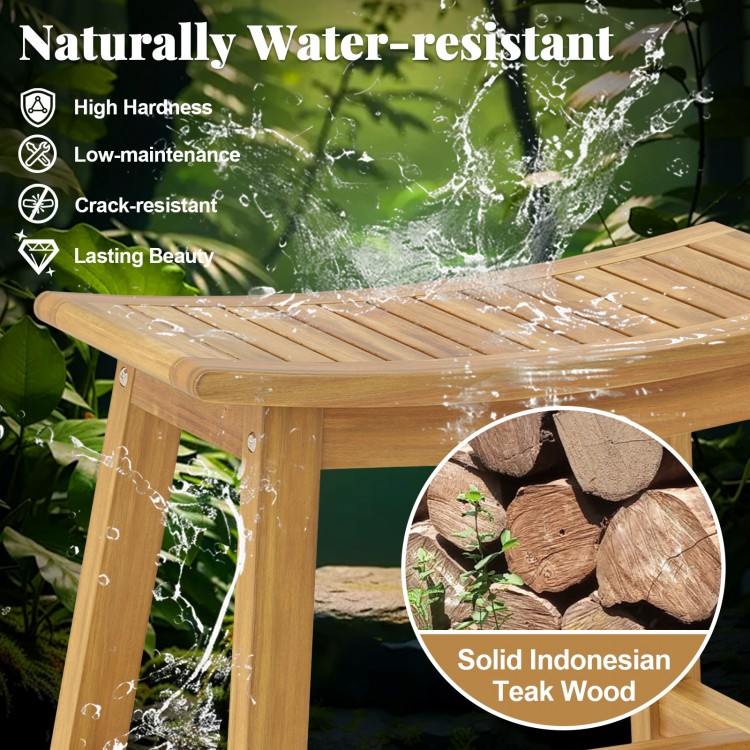 Teak wood shower stool with curved seat, water-resistant design, and ergonomic support for inside shower or spa use.