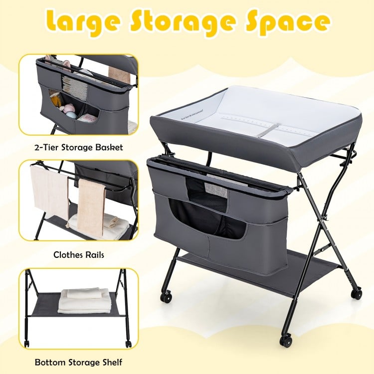 Portable adjustable height newborn nursery organizer in gray with 2-tier storage and clothes rails for convenient.