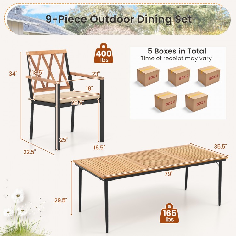 9-piece patio dining set featuring acacia wood, cushioned chairs, and a spacious slatted tabletop with an umbrella hole.
