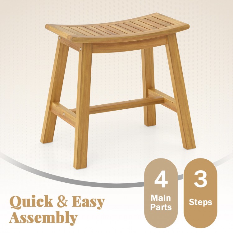 Teak wood shower stool with curved seat, slatted design for water drainage, ideal for inside shower or spa use.