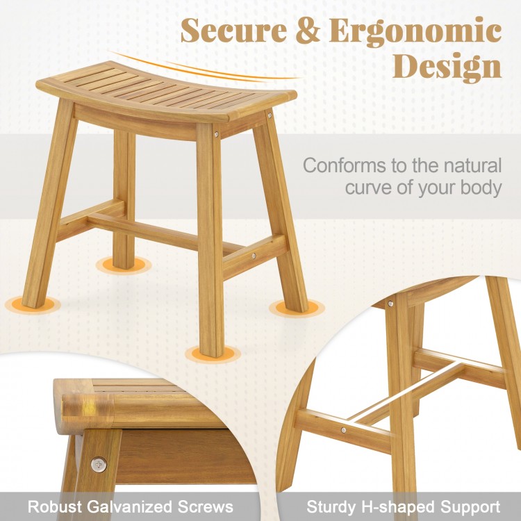 Teak wood shower stool with curved seat, ergonomic design, sturdy H-shaped support, ideal for inside shower or spa.