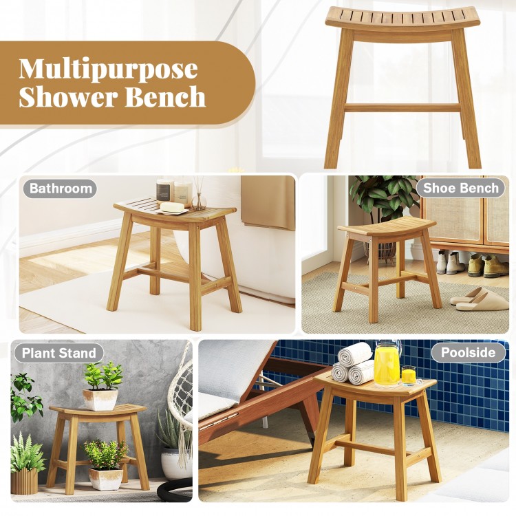 Teak wood shower stool with curved seat, slatted design, and sturdy H-shaped support for bathroom or poolside use.