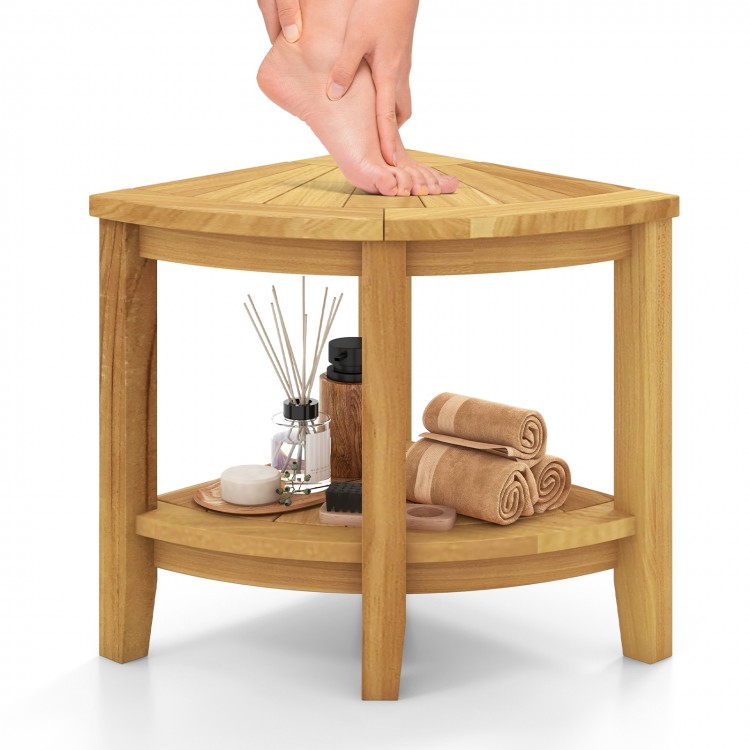 Teak wood shower bench with a corner design, featuring a slatted surface and two-tier storage for bathroom essentials.