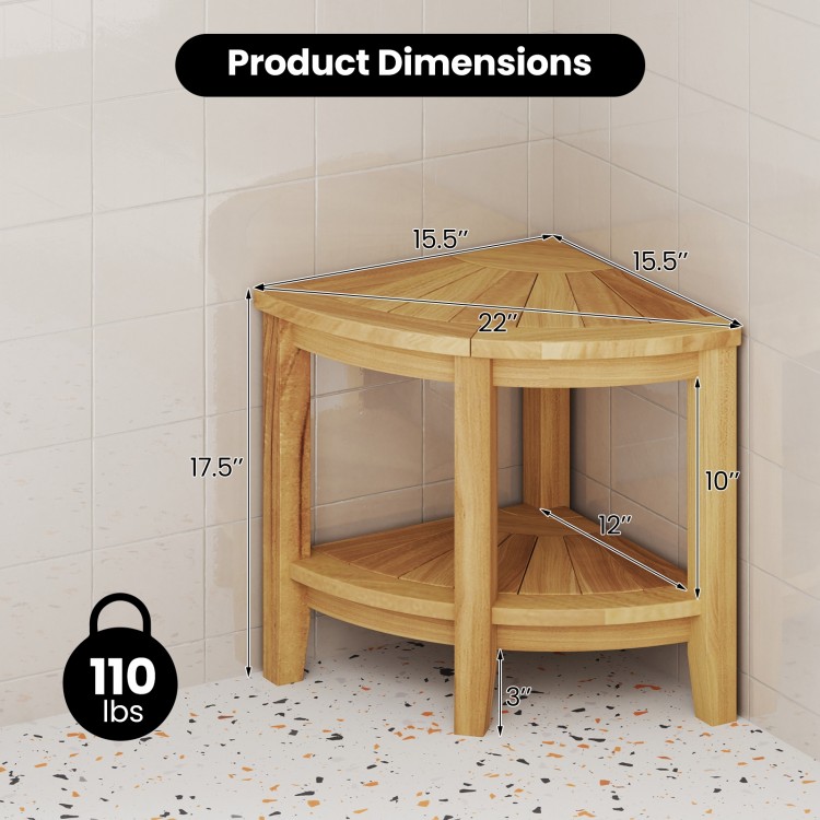 Teak wood shower bench with storage shelf, corner design, and dimensions for efficient bathroom space utilization.