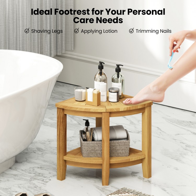 Teak wood shower bench with storage shelf, perfect for personal care needs like shaving legs and applying lotion.