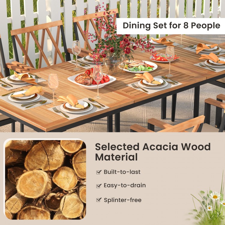 Patio dining set for 8 people featuring selected acacia wood, cushioned seats, and a spacious slatted tabletop.