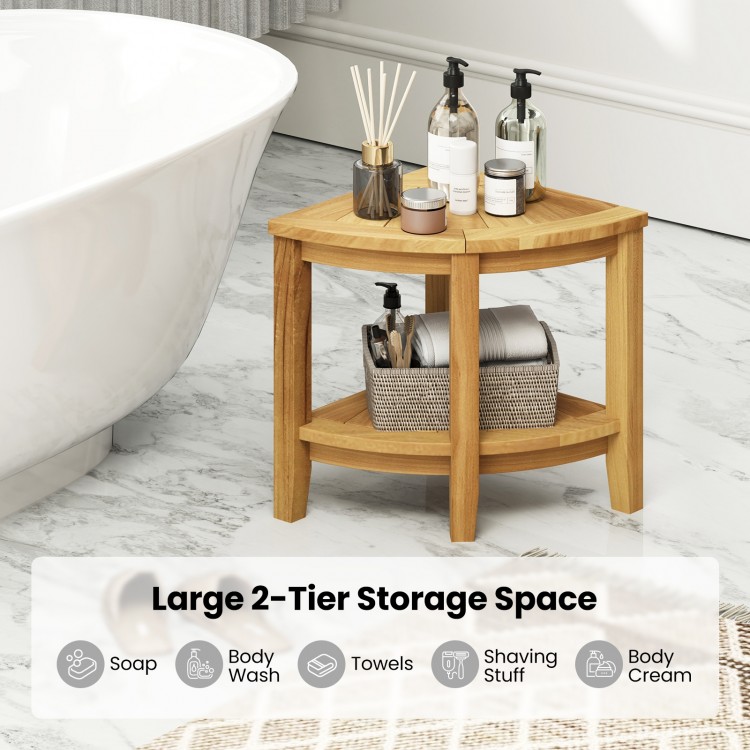 Teak wood shower bench with large 2-tier storage shelf, designed for bathroom essentials and effective drainage.