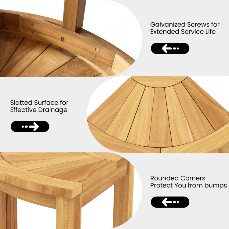 Teak wood shower bench showcasing slatted surface for drainage, rounded corners for safety, and galvanized screws for.