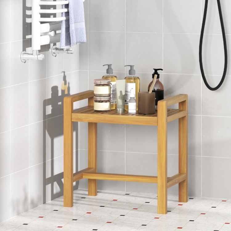 Teak wood shower bench with slat top and dual side handles, perfect for inside shower storage and seating.