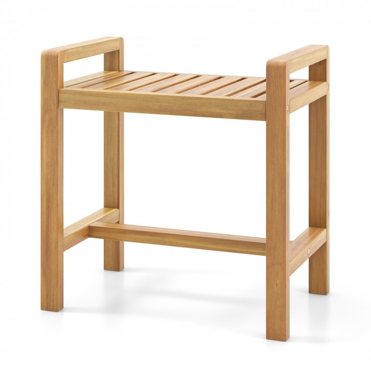 Teak wood shower bench with slat top and dual side handles, perfect for inside shower or extra seating.