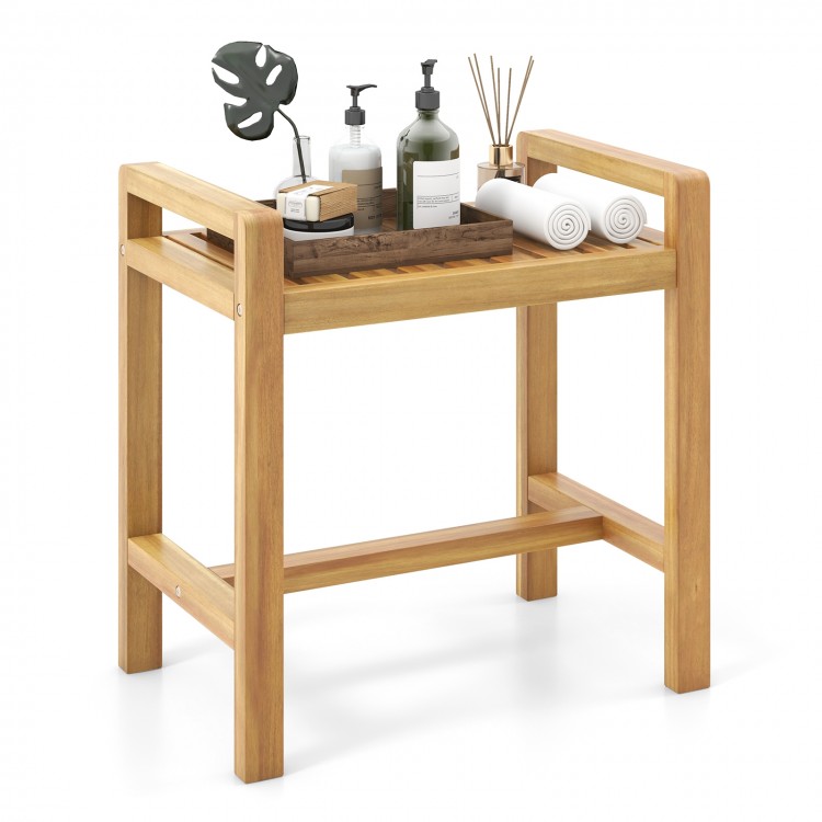Teak wood shower bench with slat top and dual side handles, perfect for storage and use in humid environments.