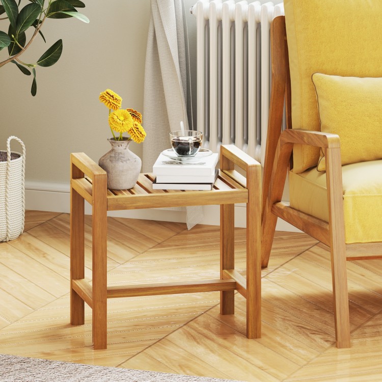 Teak wood shower bench with slat top and dual side handles, ideal for bathroom storage and seating.
