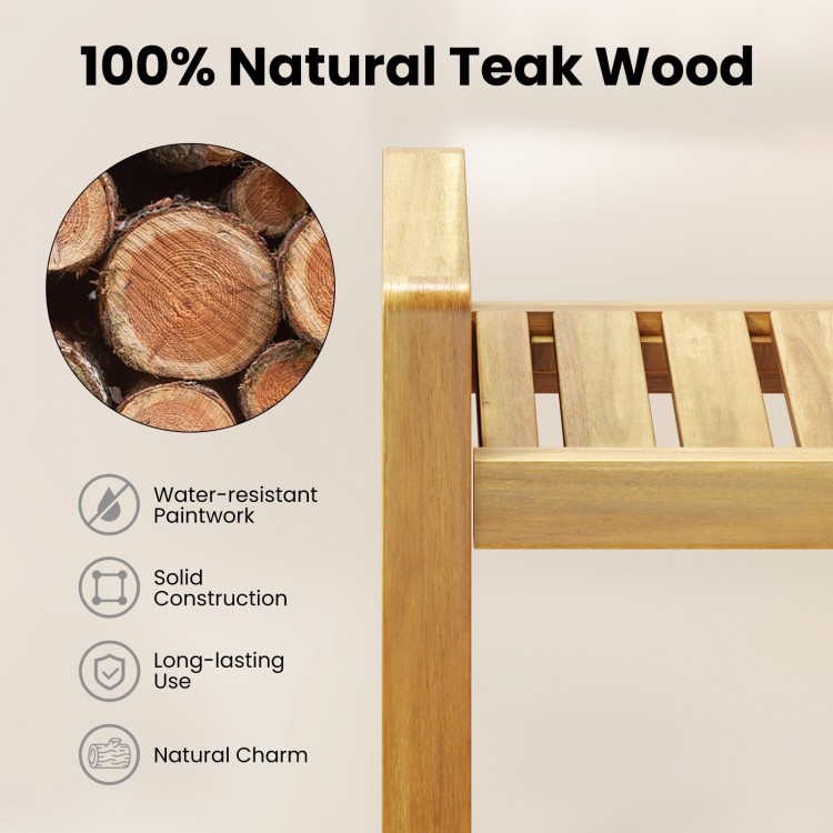 Teak wood shower bench showcasing slat top design, water-resistant finish, and natural charm for versatile bathroom use.