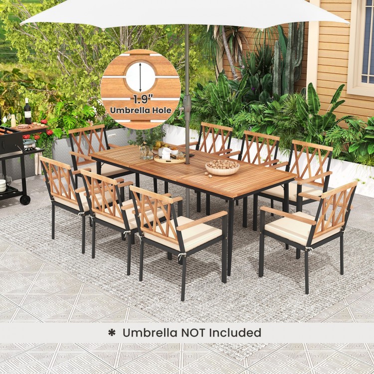 9-piece patio dining set featuring acacia wood, 1.9" umbrella hole, and cushioned chairs for outdoor gatherings.