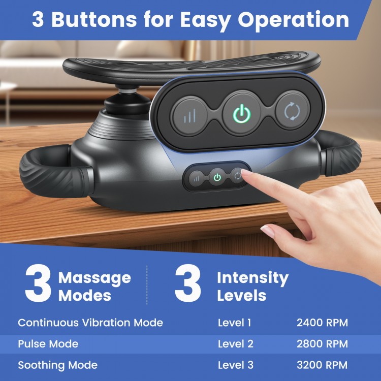 Massage gun with 3 buttons, featuring 3 modes and intensity levels for customizable deep tissue relief.
