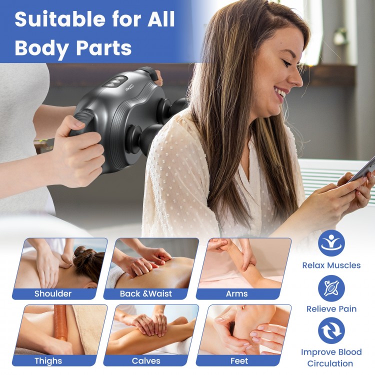 Massage gun with interchangeable heads and modes, designed for deep tissue relief and muscle relaxation.