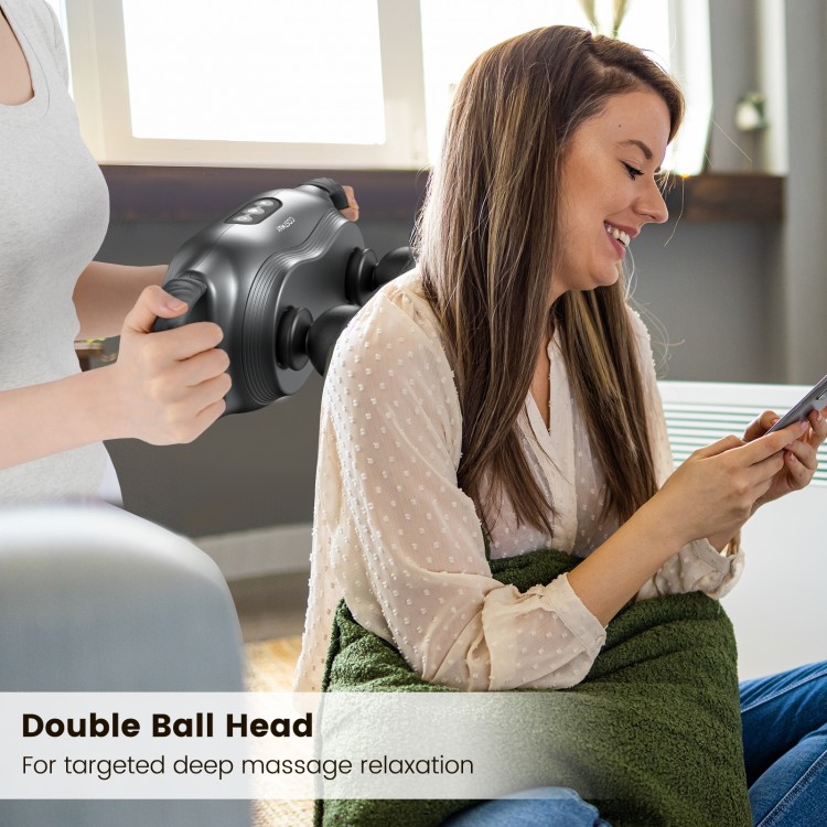 Massage gun with double ball head for targeted deep tissue relaxation, featuring interchangeable heads and three modes.