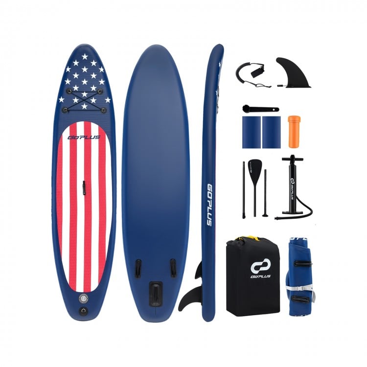 Inflatable paddle board with American flag design, removable fin, adjustable aluminum paddle, and convenient backpack.