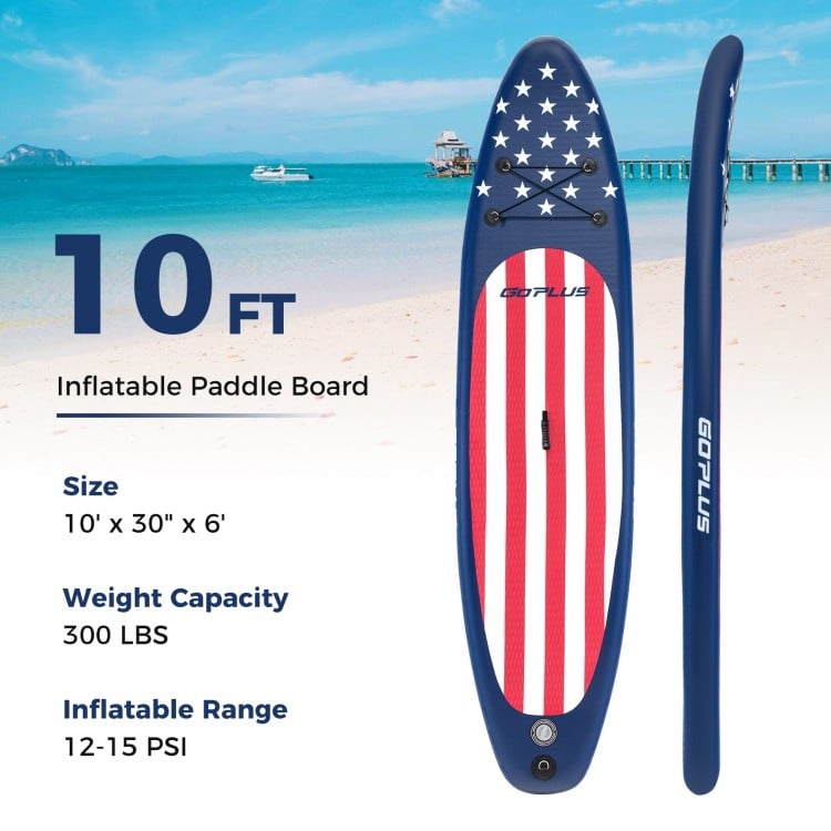 10 ft inflatable paddle board with American flag design, removable fin, and backpack for easy transport and storage.
