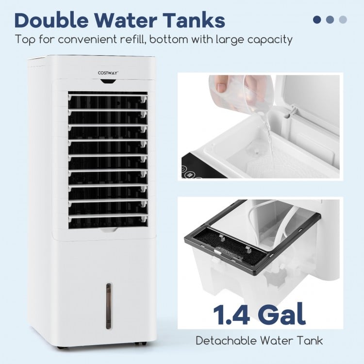 Evaporative air cooler with double water tanks, 1.4-gallon capacity, featuring a control panel and remote for easy use.