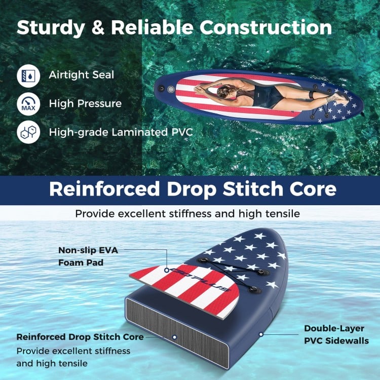Inflatable paddle board with a striking flag pattern, reinforced drop stitch core, and non-slip EVA foam pad for.