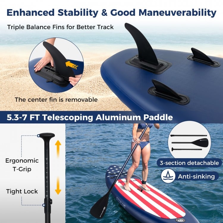 Inflatable paddle board with removable fin, featuring a flag pattern, adjustable aluminum paddle, and EVA foam pad for.