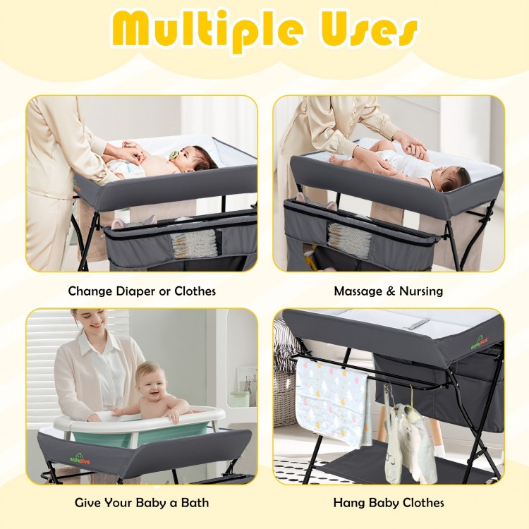 Portable adjustable height baby changing table in gray, featuring 3 heights and large storage for convenient diaper.