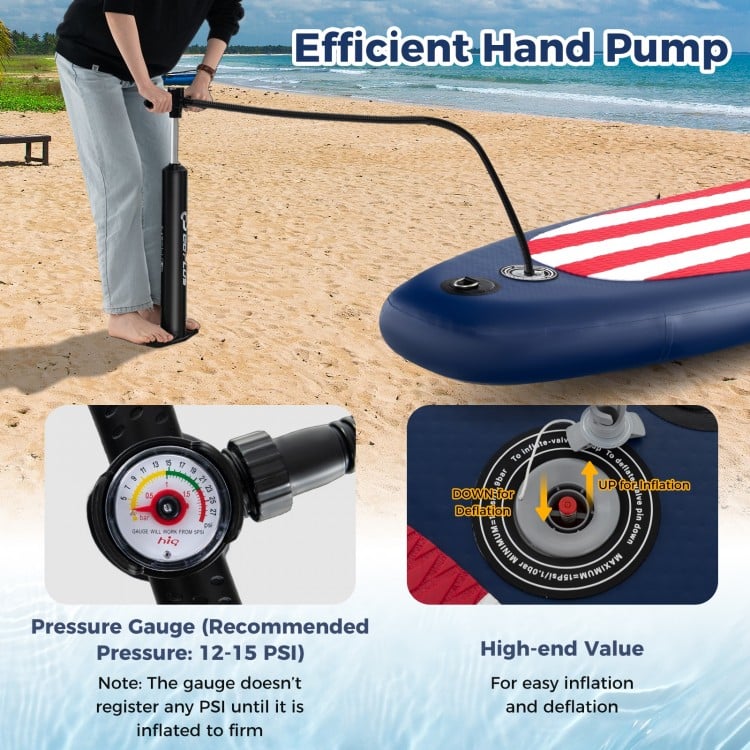 Hand pump with pressure gauge for inflatable paddle board, ideal for easy inflation and deflation at the beach.
