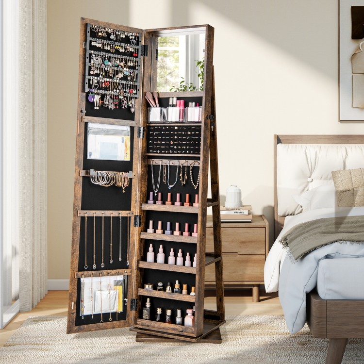 360° swivel jewelry armoire in rustic brown with full-length mirror and shelves for organized jewelry and cosmetics.