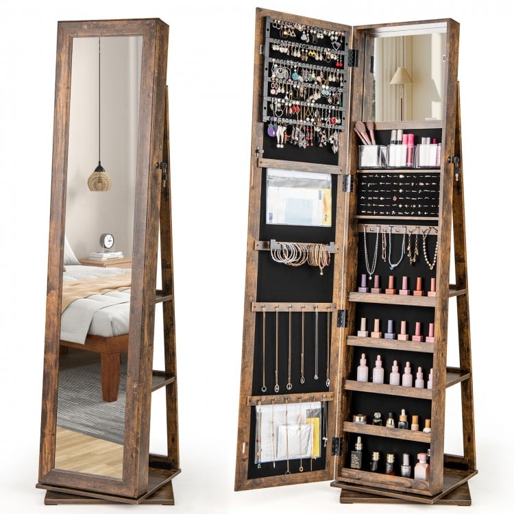 360° swivel jewelry armoire in rustic brown with full-length mirror and organized storage for jewelry and cosmetics.