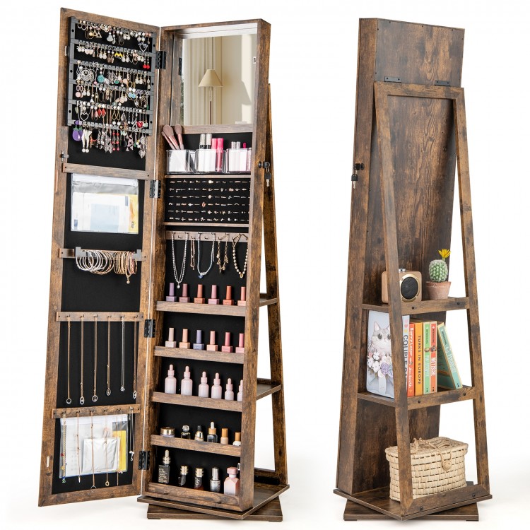 360° swivel jewelry armoire in rustic brown with full-length mirror, shelves, and ample storage for jewelry and.