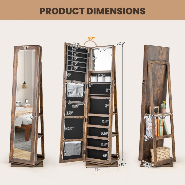 360° swivel jewelry armoire in rustic brown with full-length mirror and back shelves for organized storage.