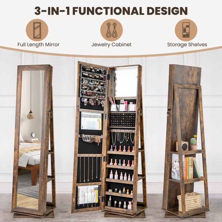 360° swivel jewelry armoire in rustic brown featuring a full-length mirror, jewelry cabinet, and storage shelves for.