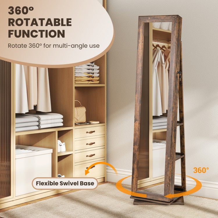 360° swivel jewelry armoire in rustic brown with full-length mirror, back shelves, and ample storage for jewelry.