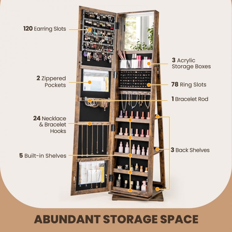 360° swivel jewelry armoire in rustic brown with full-length mirror, 120 earring slots, and ample storage for jewelry.