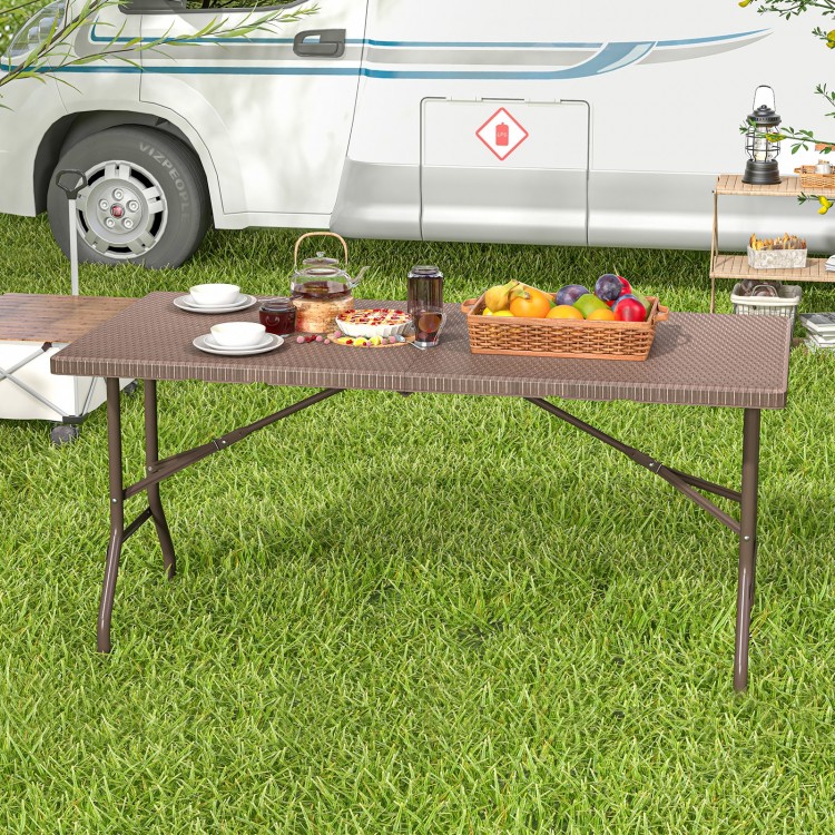 5FT folding picnic table with rattan grain HDPE tabletop, sturdy metal frame, ideal for outdoor gatherings.