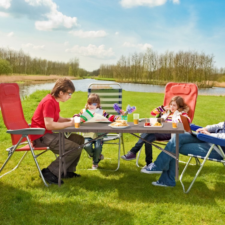 Folding picnic table with rattan grain HDPE tabletop, accommodating 4-6 people for outdoor dining and gatherings.