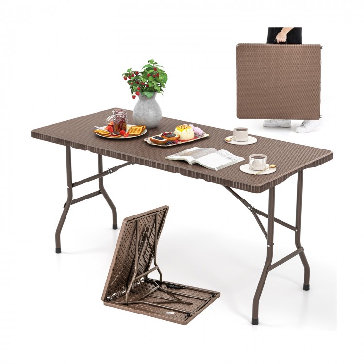 5FT folding picnic table with rattan grain HDPE tabletop, sturdy metal frame, perfect for indoor and outdoor use.