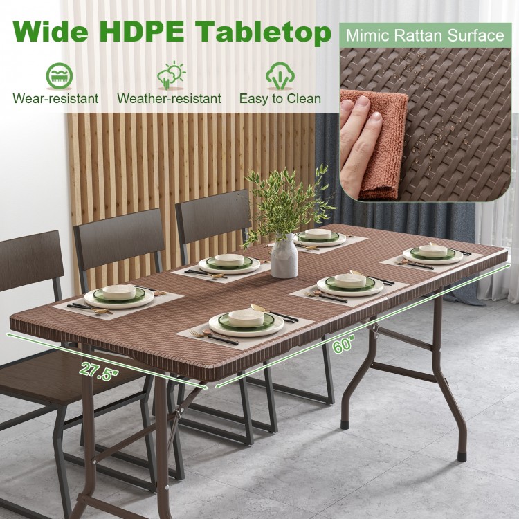 5FT folding picnic table with rattan grain HDPE tabletop, showcasing a spacious 60" x 27.5" surface for indoor or.