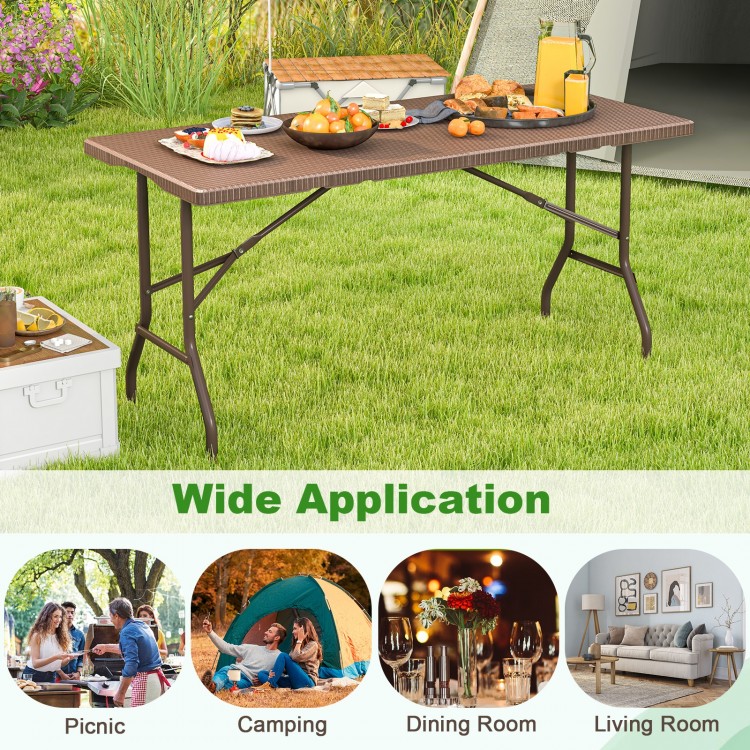 5FT folding picnic table with rattan grain HDPE tabletop, sturdy metal frame, ideal for outdoor and indoor use.