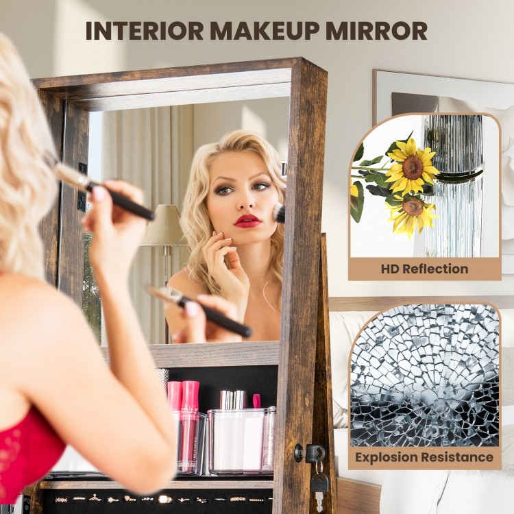 360° swivel jewelry armoire in rustic brown with HD interior mirror, perfect for organizing jewelry and enhancing.