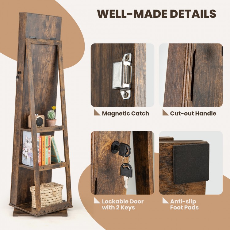 360° swivel jewelry armoire in rustic brown with lockable door, full-length mirror, and back shelves for organized.